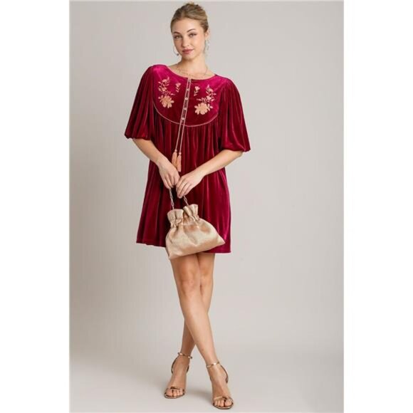Umgee Embroidered Half Sleeve Velvet Mini Dress with Tassel - Picture 5 of 16